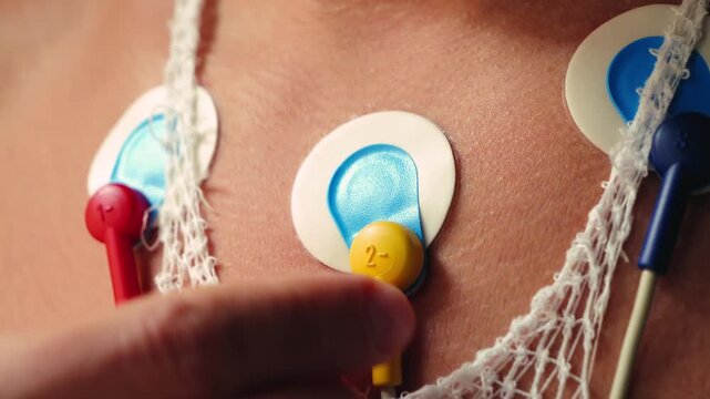 A man wearing a Holter monitor, a portable device that continuously records the heart's electrical activity, electrocardiogram, for 24 hours. High quality 4k footage