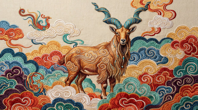 2027 Goat Year High-quality embroidery illustration of a majestic ibex with golden embellishments and decorative swirling cloud background