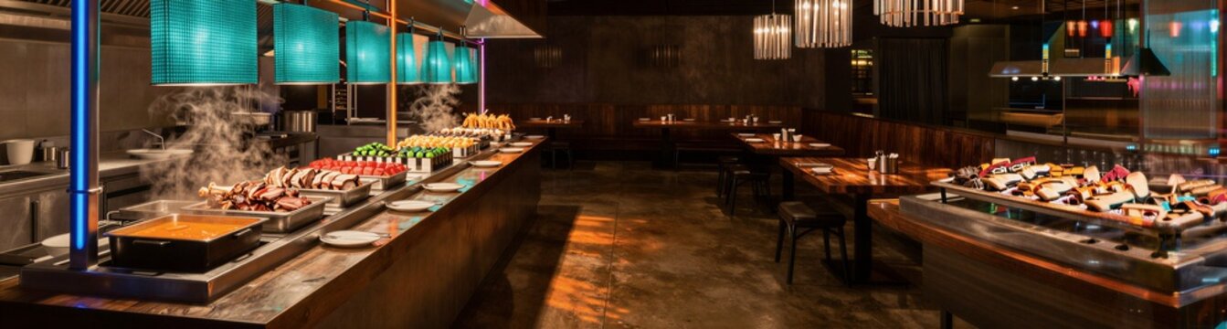 Buffet spread arranged and illuminated in restaurant dining room
