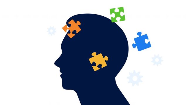Human head silhouette with floating puzzle pieces and rotating gears. Concept of thinking, problem solving, cognition, learning and mental processes. Flat vector animation. 4K