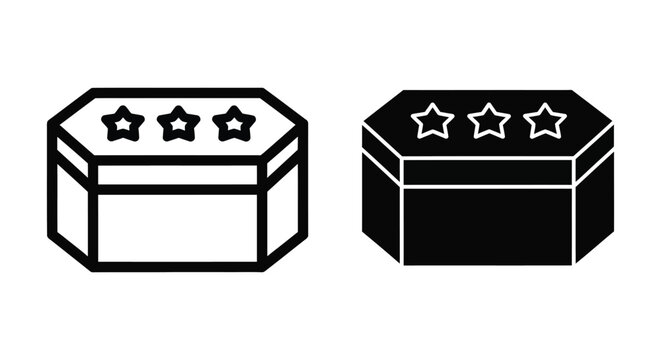 Set of two icons of a hexagonal box with three stars on the lid, line art and solid black style