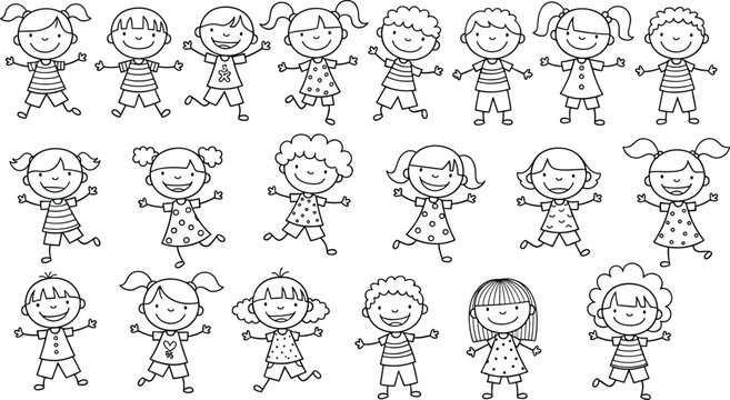 Group of happy smiling children in doodle style, set of diverse boys and girls character illustrations with simple outlines for school or design.