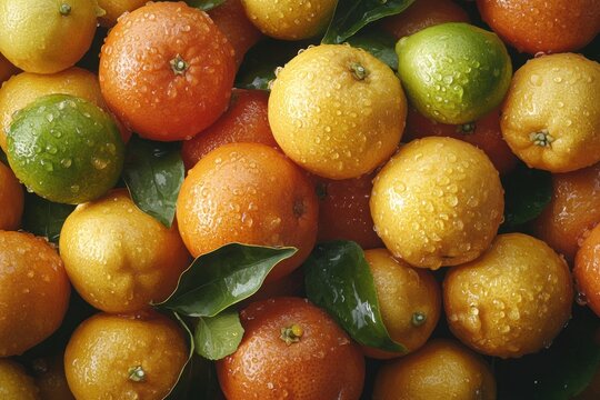 Oranges close-up. Citrus green yellow in drops of water. Grapefruits