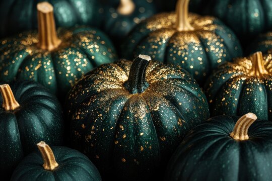 Dark green pumpkins close-up. Decorative pumpkins with gold glitter. Green gold Halloween