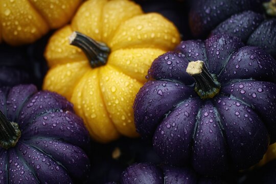 Yellow and purple pumpkins close up. Colored pumpkins in water drops.