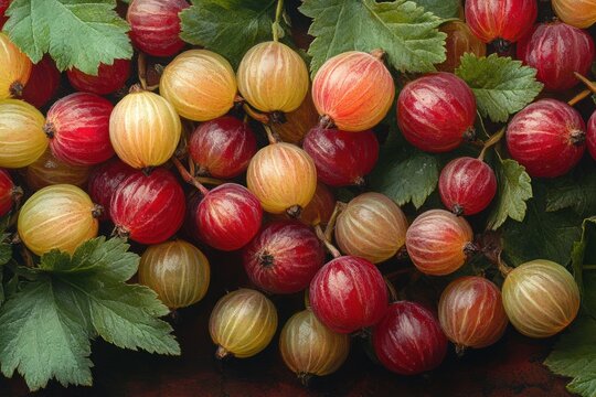 Gooseberry close-up. Red yellow gooseberry with leaves. Berries