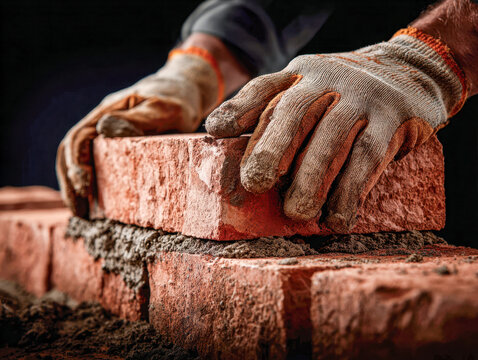 Construction worker wearing protective gloves carefully laying red bricks with mortar for a sturdy and precise masonry wall building project on dark background