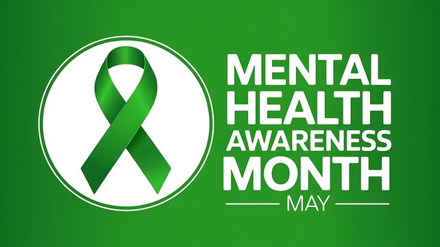 Large green ribbon emblem inside white circle frame for mental health awareness month in may celebration and advocacy program layout with bold white text on vibrant green background.