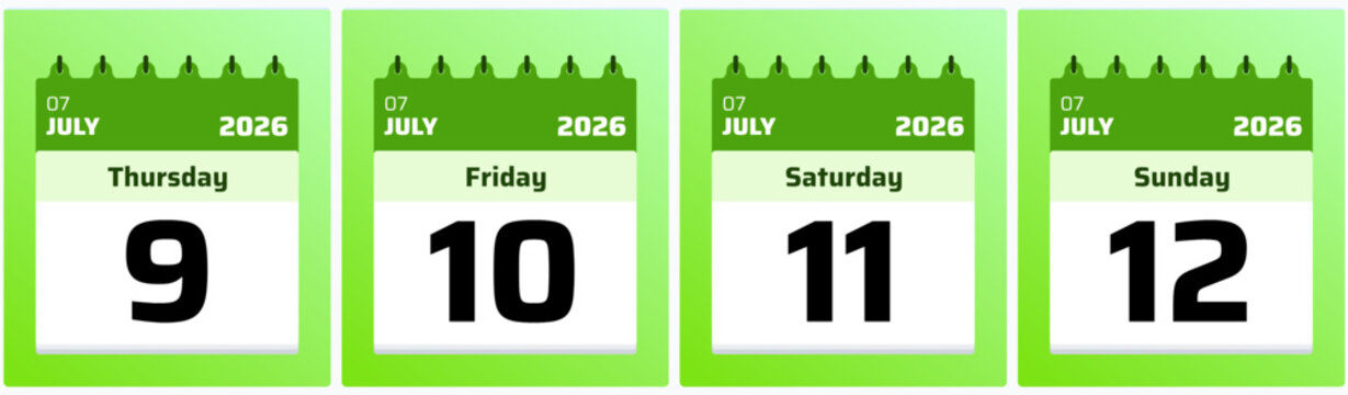 Colorful July 2026 daily schedule vector featuring dates 9, 10, 11, and 12. Excellent for modern time management graphics, daily reminder templates, and corporate planners