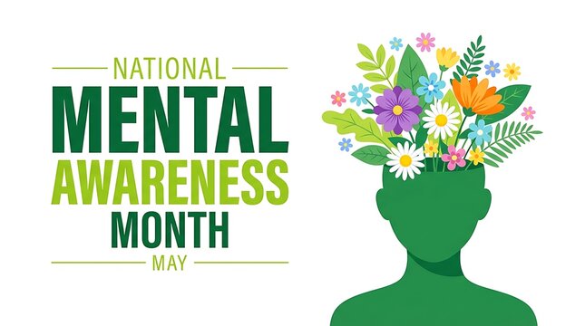 National mental awareness month may holiday with human head silhouette full of flowers and green leaves symbolizing healthy mind and wellbeing.