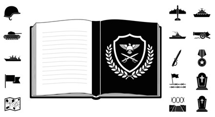 Open Book with Military Icons and Emblem - History, War, and Strategy Concept © Sifaul