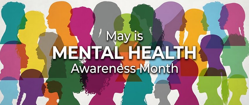 May is mental health awareness month diverse faces background mental wellness campaign inclusivity support advocacy understanding community empathy care people of color silhouette collective well bein