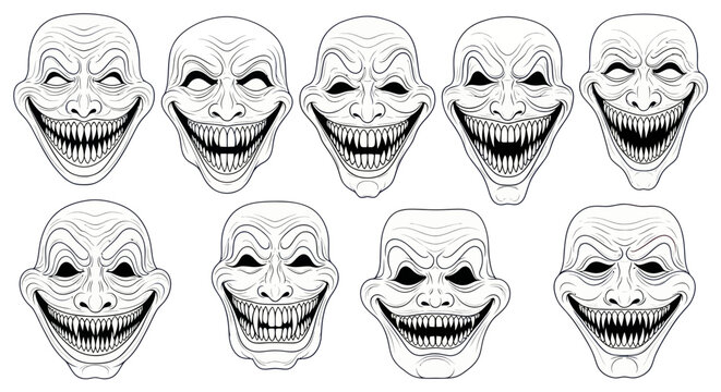 Creepy Troll Face Masks Collection, Evil Grinning Cartoon Illustration