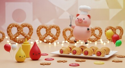 Fototapeta premium Cute chef pig celebrating National Pigs in a Blanket Day with snacks