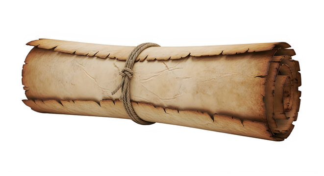 Rolled up old parchment tied with a rope isolated on white background transparent background