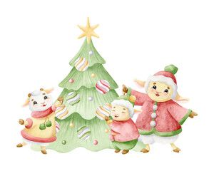 Fototapeta premium Watercolor cartoon animal family decorates Christmas tree with baubles hand drawn scene illustration. Baby goat and lamb with sheep mom in winter clothes holiday clip art. Hand drawn cute characters