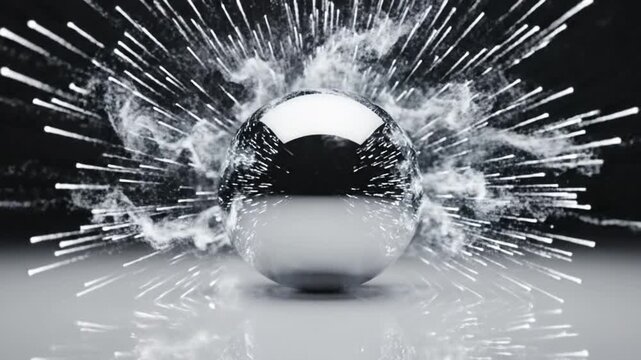 High-speed photography of a metallic sphere exploding with dynamic white smoke and motion lines against a dark background with a reflective surface.