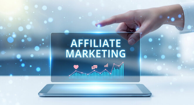 Hand pointing at affiliate marketing analytics on laptop screen with growth charts and icons
