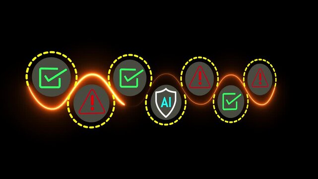 AI Safety and Ethics Concept on the black background. Ethical guidelines and safety protocols in artificial intelligence systems. Motion graphics of security warning signs, and checkmarks. 4k video.