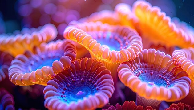 Vibrant close-up of coral polyps, glowing with light and intricate details