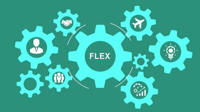 Cyan gears with tax flex business icons representing teamwork innovation and growth on a teal background. motion graphics. of concept. animation. 4k video