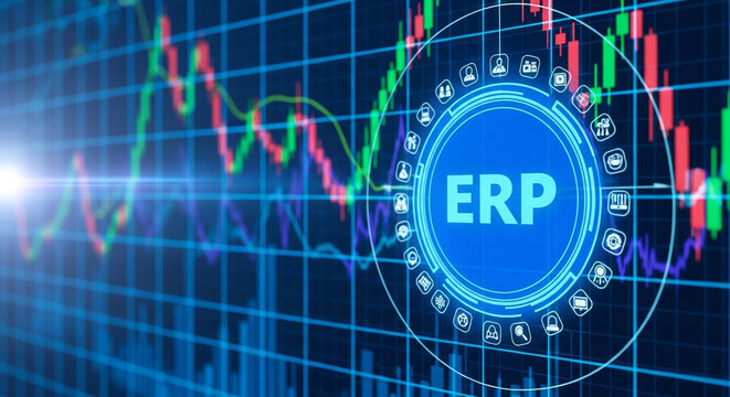 ERP software interface with financial data analytics and glowing digital target