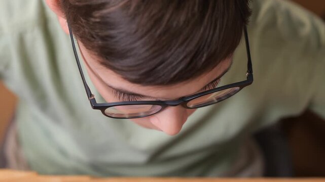 Young boy wearing glasses dedicating himself to education, studying, and focusing on an activity from a top down perspective, symbolizing concentration and academic development