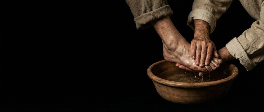  Jesus washing the feet of his disciple in a clay bowl. Biblical concept of Maundy Thursday, humility, and service. Dark background with copyspace