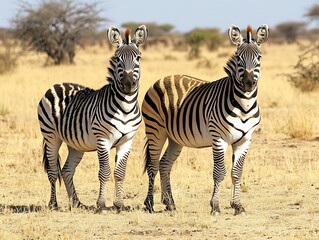 Fototapeta premium Two zebras standing on dry grassland under bright sunlight in African savannah