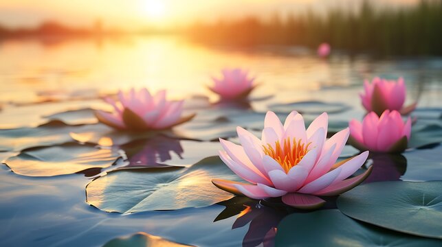 Beautiful pink lotus flowers in full bloom floating on a calm water lake.