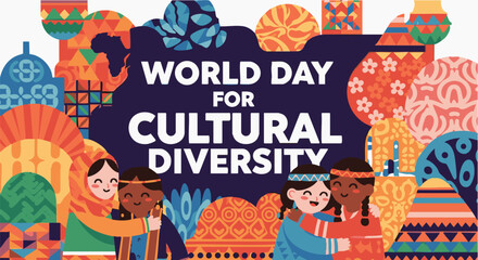 Obraz premium Vibrant World Day for Cultural Diversity celebration banner in colorful eclectic illustration style with bright warm lighting for social media