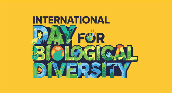 International Day for Biological Diversity logo on yellow background in colorful typography for environmental awareness campaign