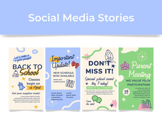 Fototapeta premium School social media story templates featuring upcoming classes, schedule updates, special events, and parent-teacher conferences.
