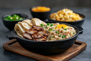 Fototapeta premium Traditional Muslim Iftar meal served on a wooden table