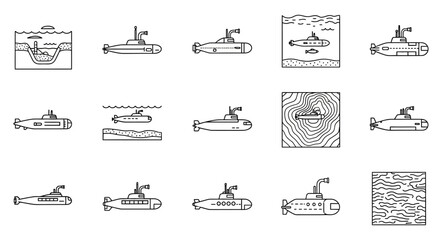 Submarine Icons Set: Underwater Voyage and Naval Technology © punduh