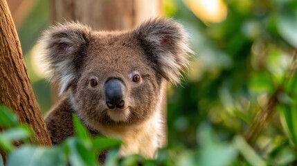 Fototapeta premium A close-up of a koala perched amid lush greenery, showcasing its expressive features and textures