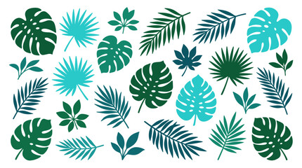Fototapeta premium Collection of tropical plant leaves in various shades of green and teal, isolated on a white background, perfect for summer designs and nature themes