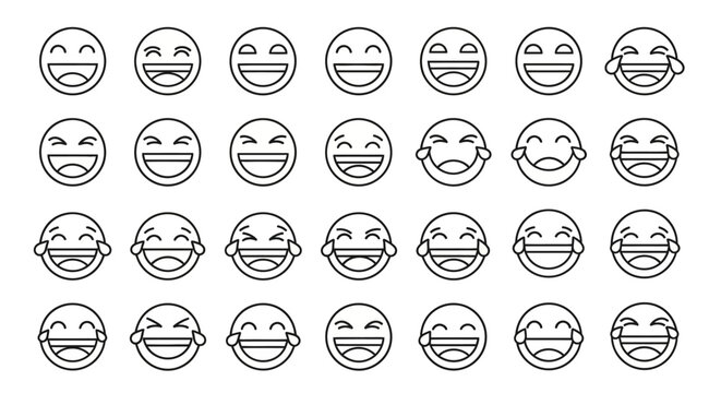 Set of outline laughing emoji faces, graphic illustration