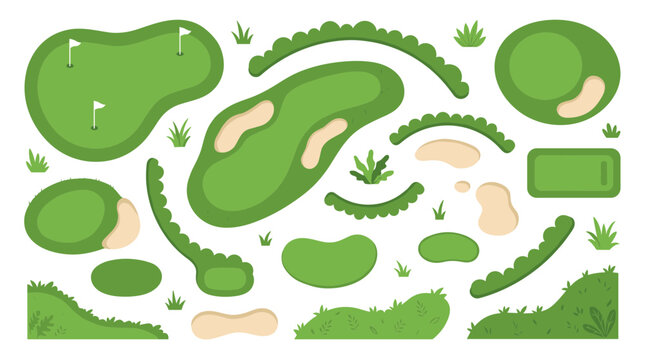 Golf course elements top view green grass sand traps putting greens flags and landscaping for game design and sports illustration