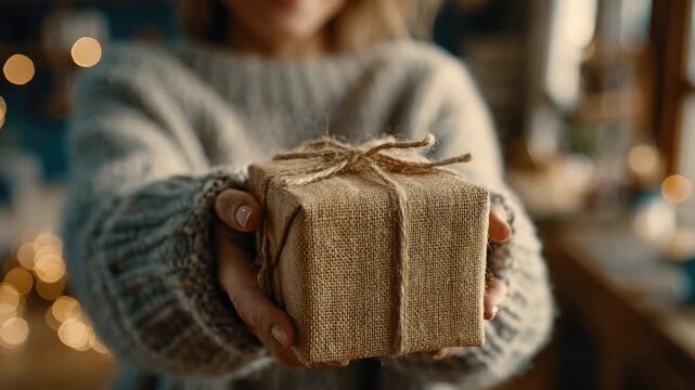 Wrapped Present: A close-up view presents a wrapped gift, tied with string, held out by someone, conveying generosity and the act of giving.