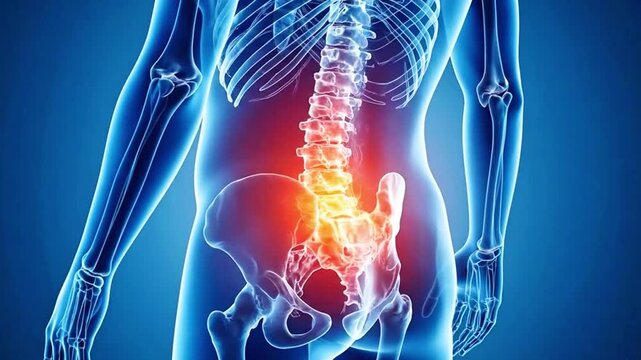 A medical video illustration of a human skeleton with a glowing spine