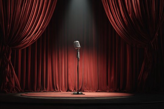 A small stand-up comedy stage features a vintage microphone on a black stand at the center of a dark oval podium, framed by deep red velvet curtains