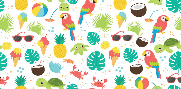 Colorful tropical pattern with parrots pineapples and palm leaves on white background