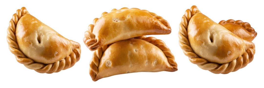 Three empanadas food pastry snacks isolated on a transparent background