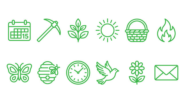 a collection of eco friendly icons including calendar, pickaxe, leaves, sun, basket, flame, butterfly, beehive, clock, bird, flower, and envelope, suitable for environmental and lifestyle themes