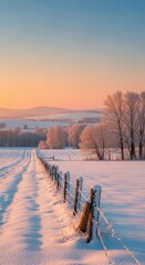 Fototapeta premium A peaceful, snowy winter landscape covering open fields and distant rolling hills, featuring frosted trees and an old wooden fence line under soft light, vista, tranquil, frozen
