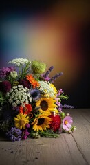 Fototapeta premium Rustic, loose floral bouquet featuring diverse meadow plants, herbs, and vibrant seasonal blooms arranged on a wooden surface, gift, romantic, bloom