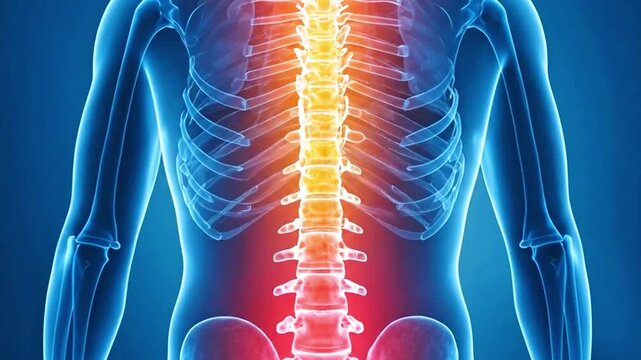 A video showcasing a human spine with highlighted areas of pain