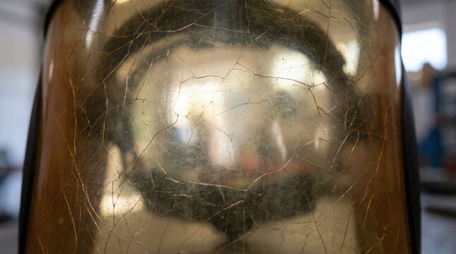 Cracked and weathered protective plastic visor of a vintage industrial welding helmet with a network of fine fractures