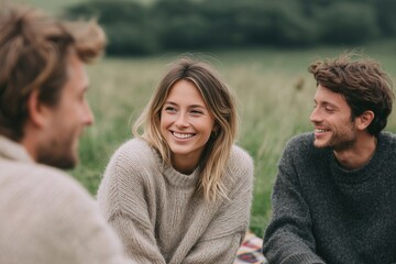 Obraz premium Happy friends sitting on plaid blanket in green meadow, smiling and talking. Two men and one woman enjoying an outdoor picnic or gathering
